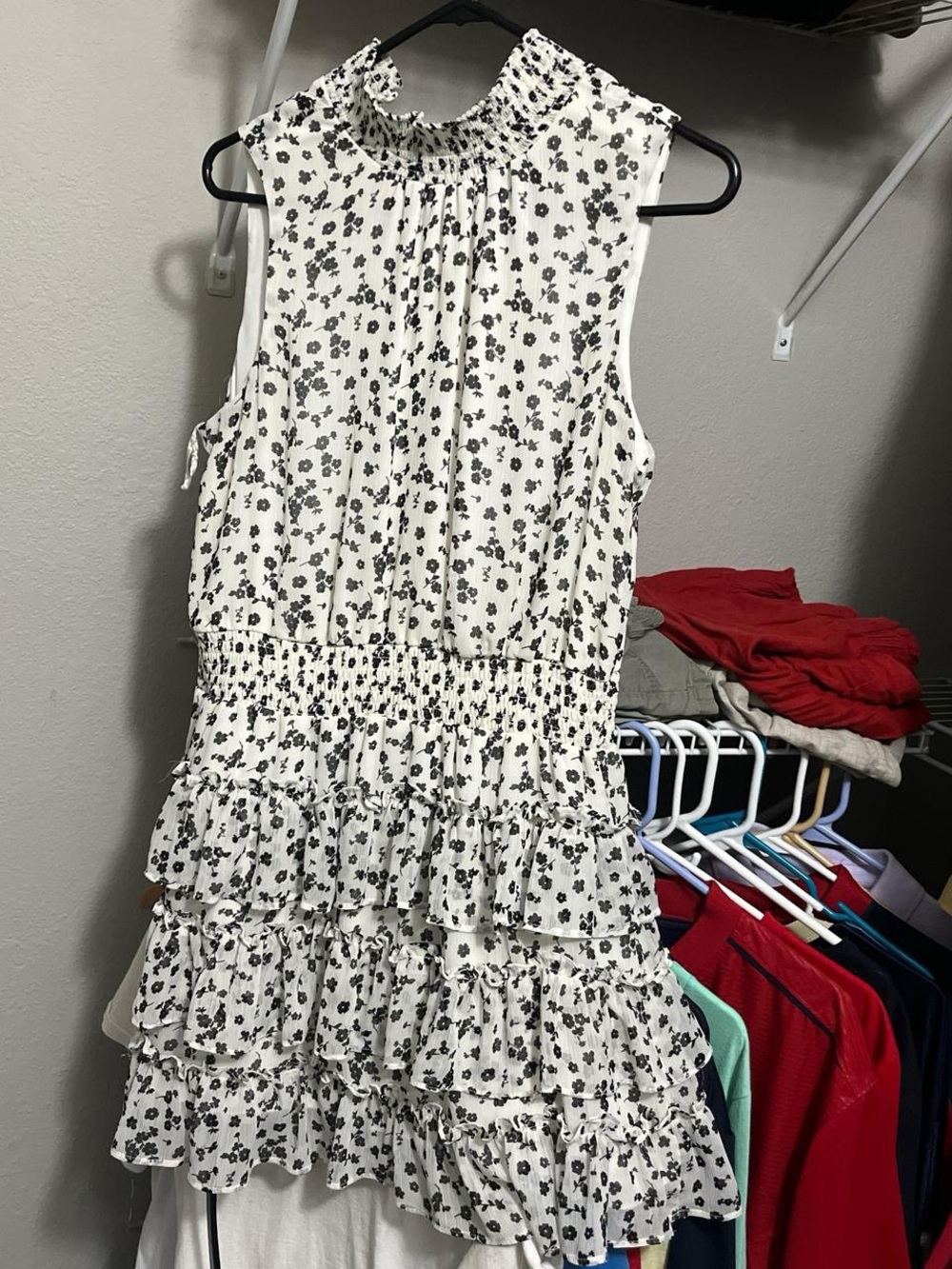 Women’s Floral Ruffle Dress - White with Black Floral Print